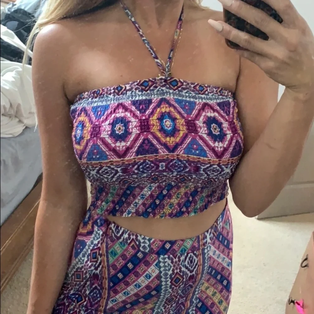 Boho Halter Crop Top and Maxi Slit Skirt Coord 2 Piece Set